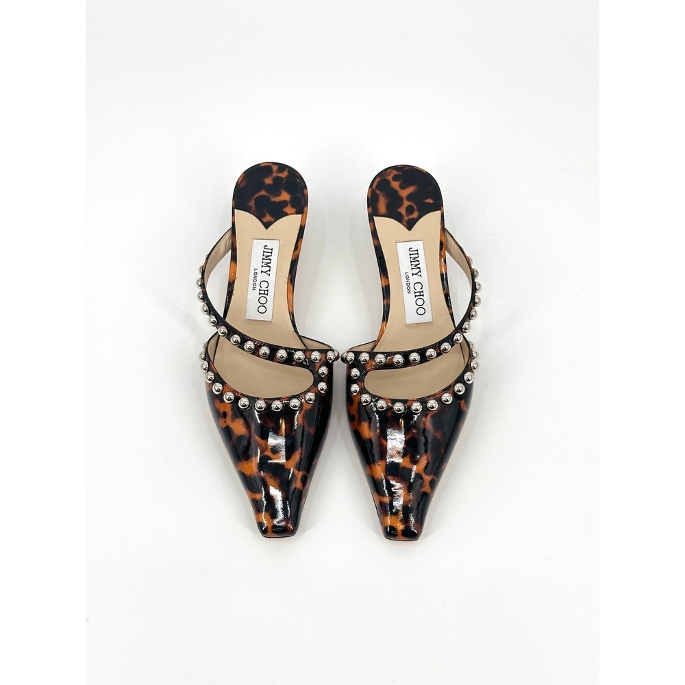 Jimmy Choo Ros 35 Tortoise Shell Patent Leather Studded Mules 36 / 6 Kitten Heel - Picture 4 of 9